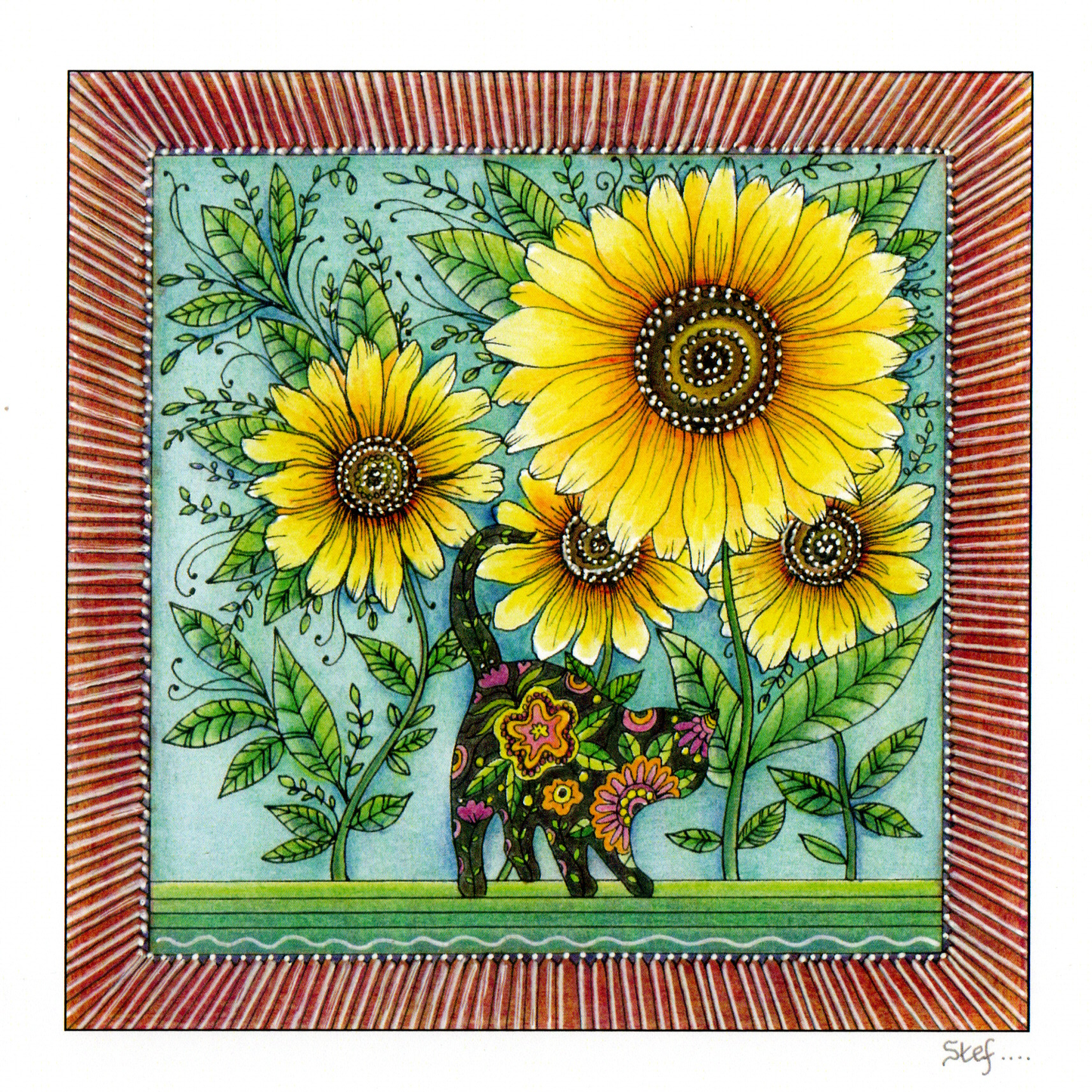 A Cat Under Four Sunflowers With A Red Border — wholesale greeting card