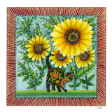 A Cat Under Four Sunflowers With A Red Border — wholesale greeting card