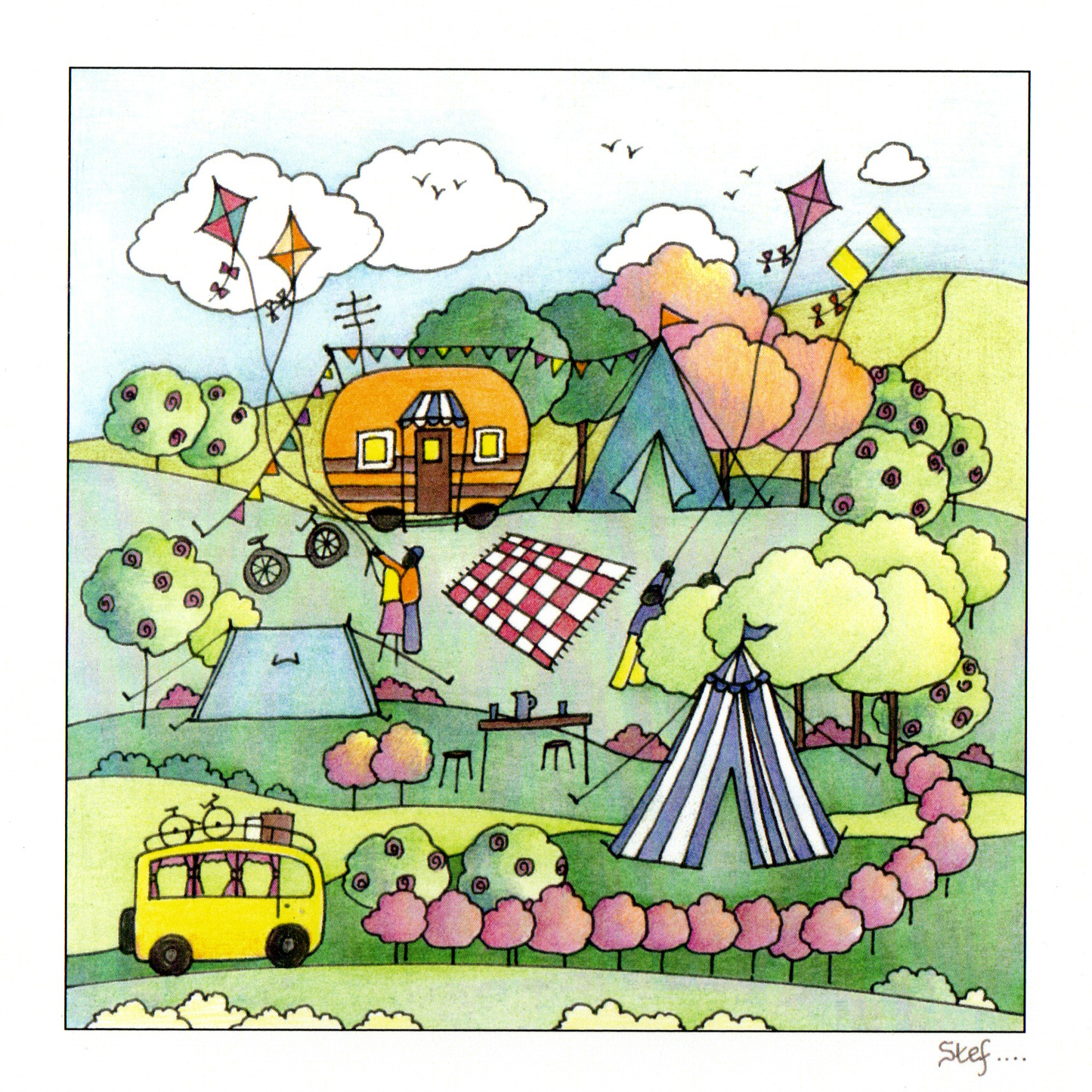 A Happy Camping Scene With Families Flying Kites — wholesale greeting card