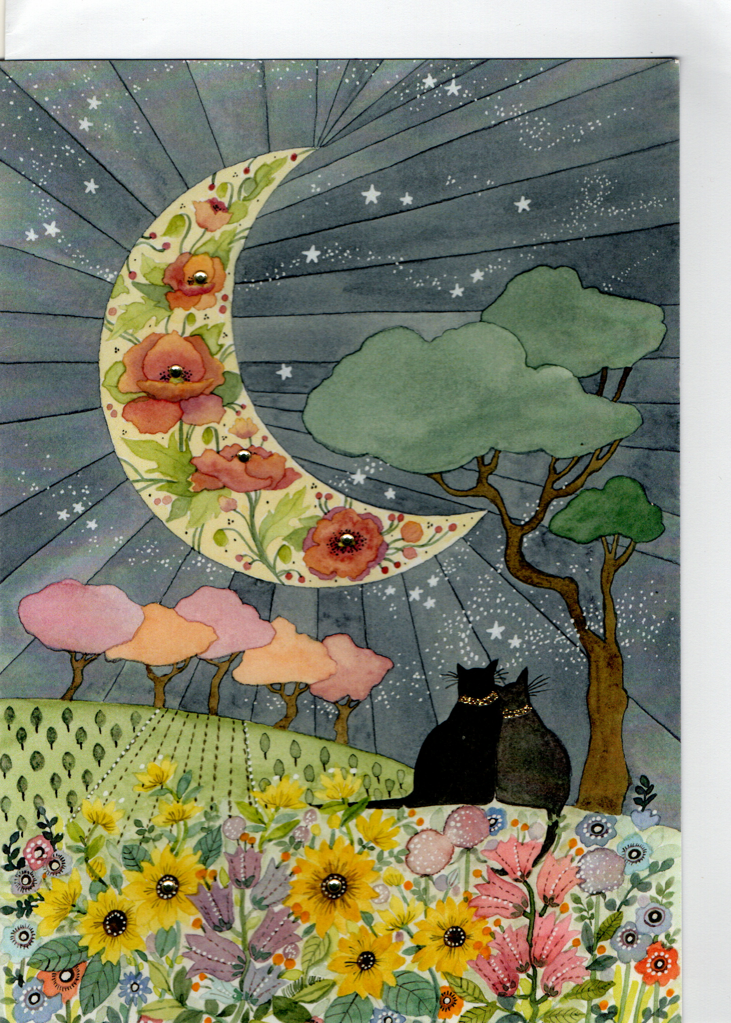 Moonlit Countryside Cats Illustration  Large Card — wholesale greeting card