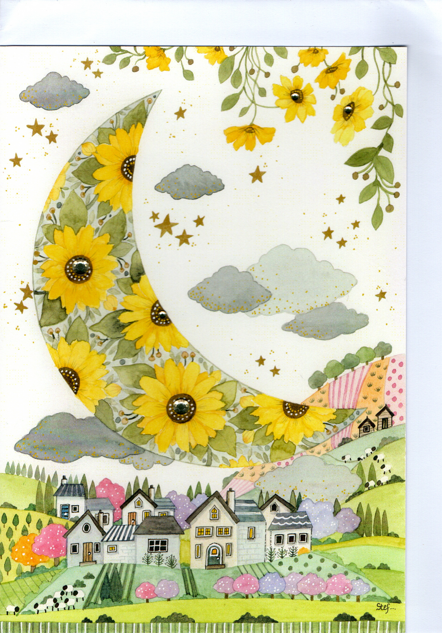 Sunflower Moon Village Illustration   Large Card — wholesale greeting card