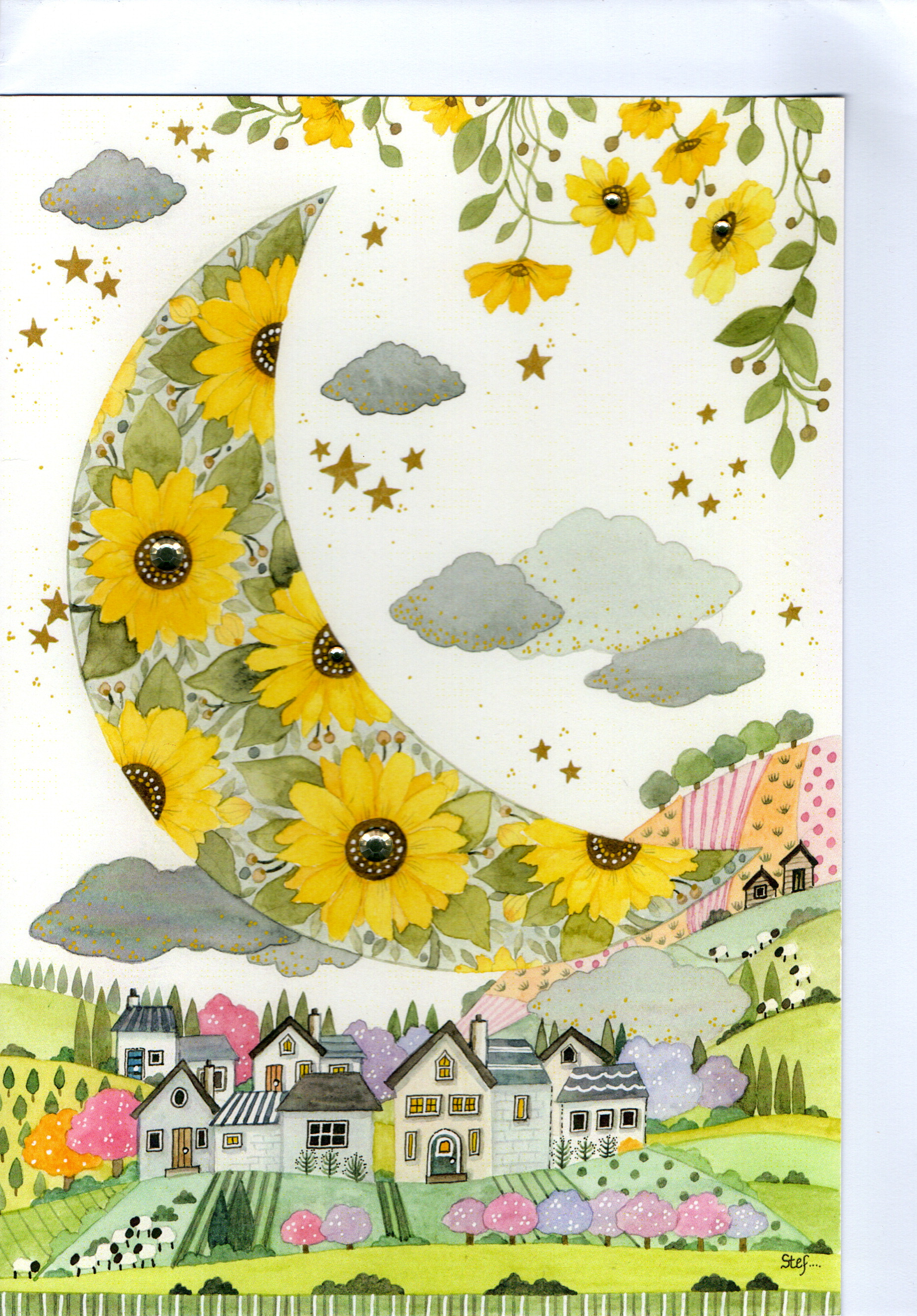 Sunflower Moon Village Illustration   Large Card — wholesale greeting card