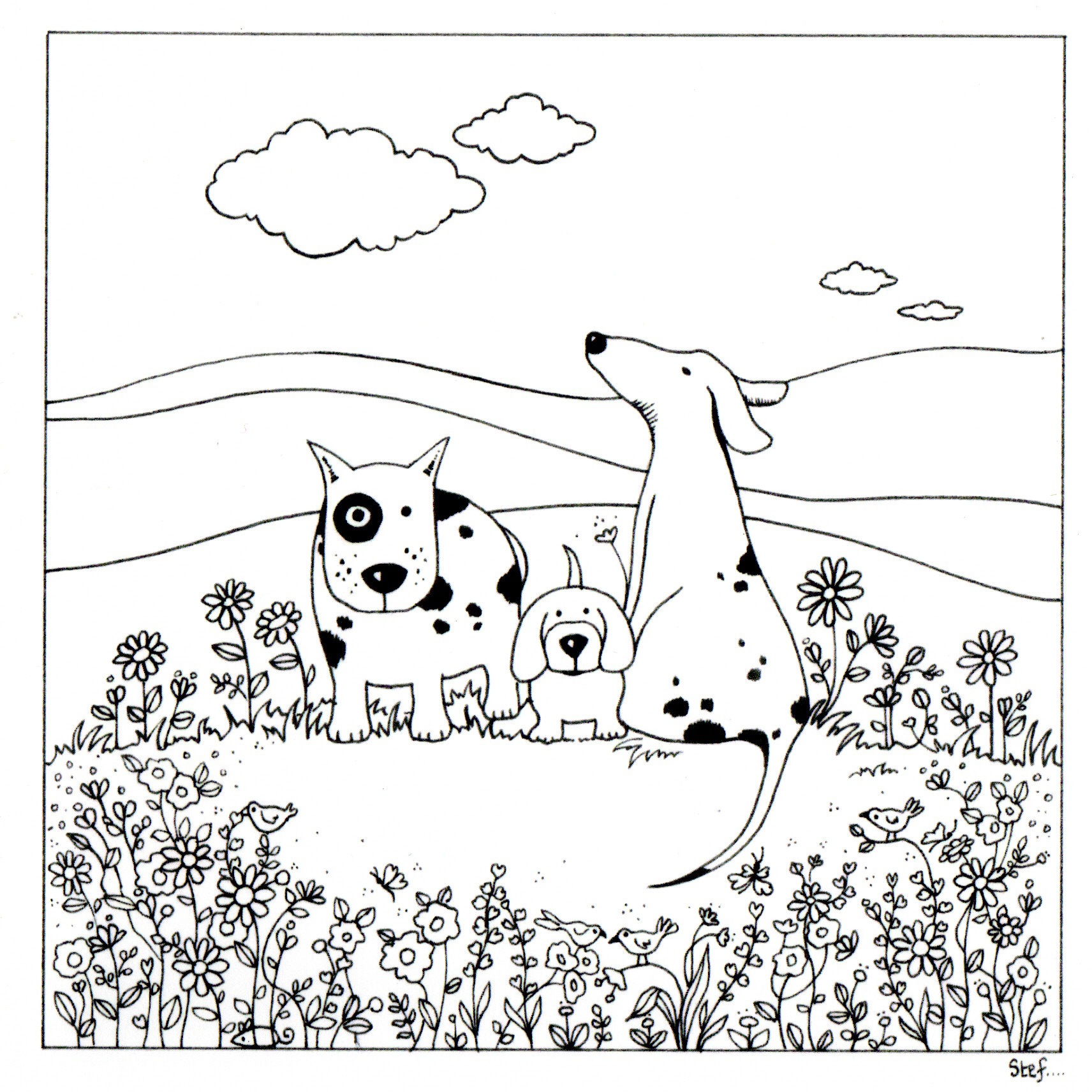Colour Your Own Three Dogs In A Field — wholesale greeting card