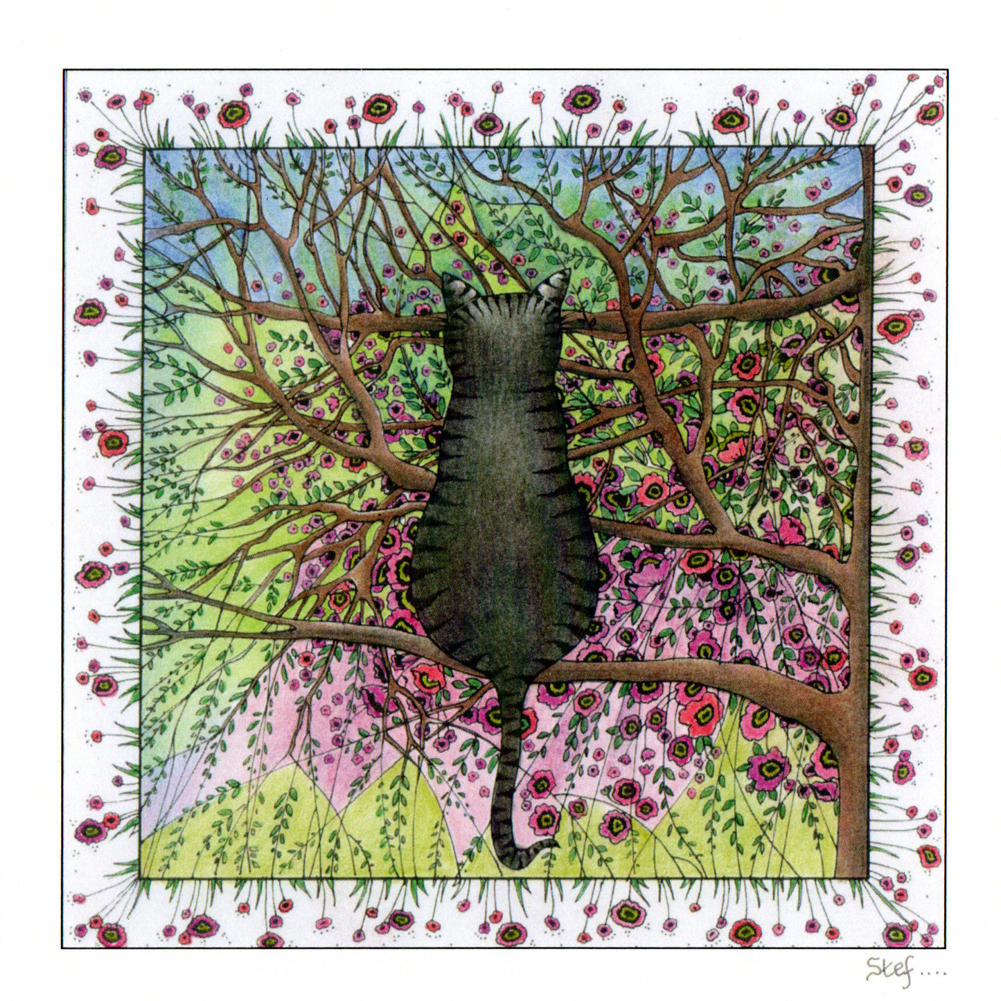 A black cat sitting amongst the branches — wholesale greeting card