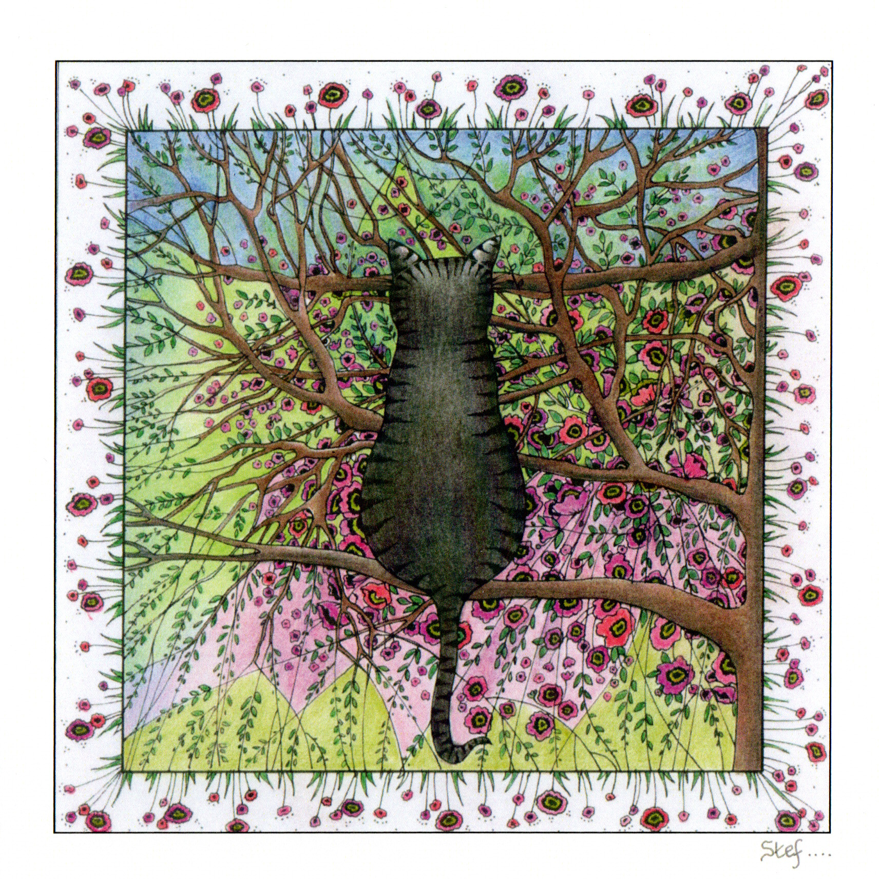 A black cat sitting amongst the branches — wholesale greeting card