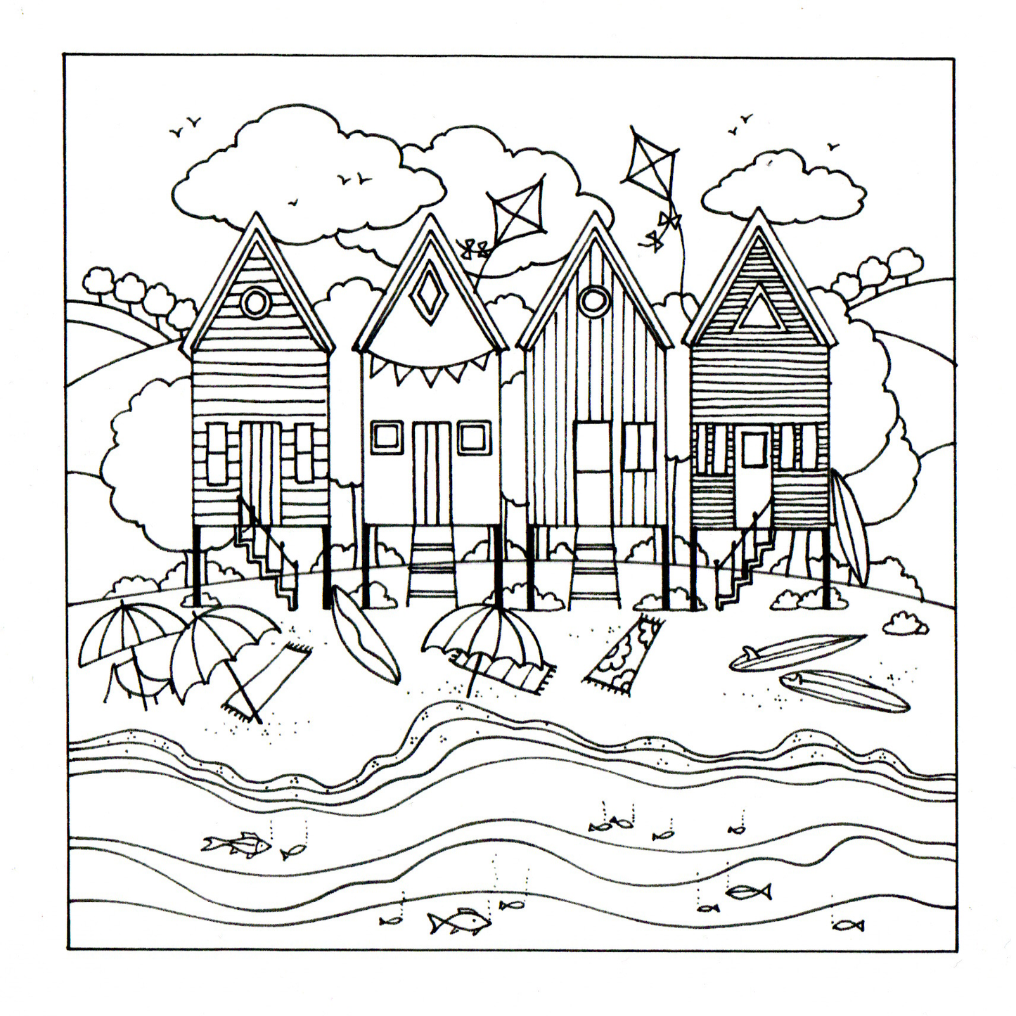 Colour Your Own Beach Huts — wholesale greeting card