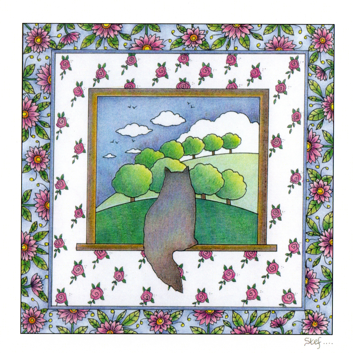 A grey cat staring at the countryside — wholesale greeting card
