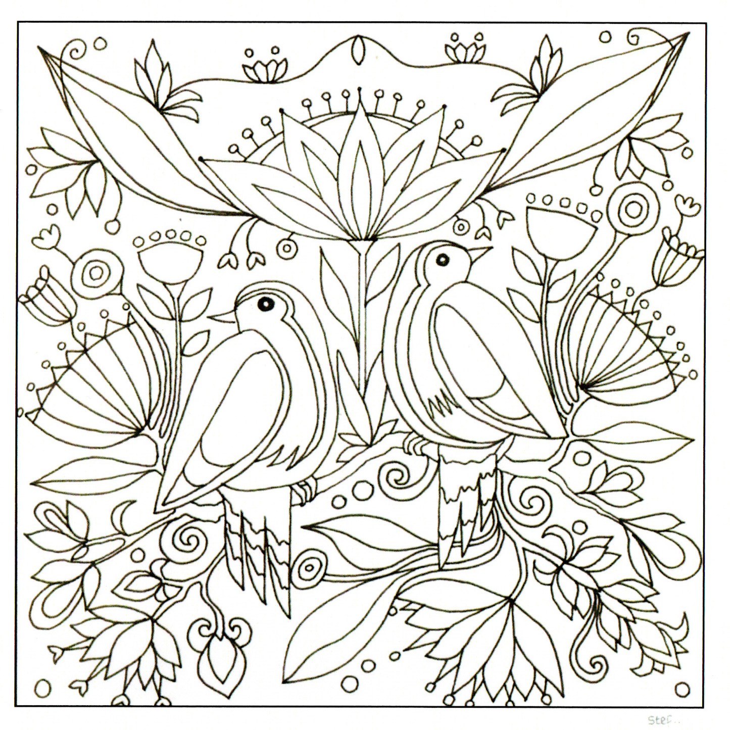 Colour Your Own Two Birds Surrounded By Flowers — wholesale greeting card