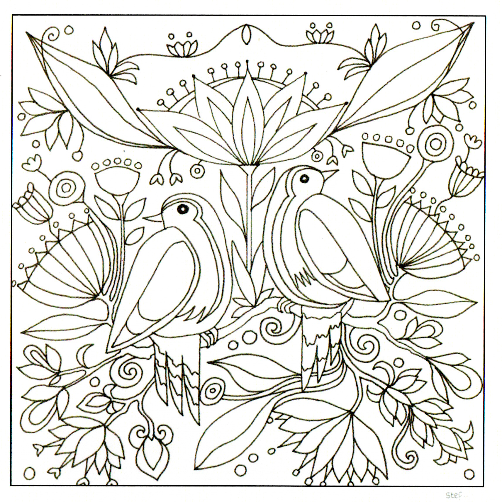 Colour Your Own Two Birds Surrounded By Flowers — wholesale greeting card