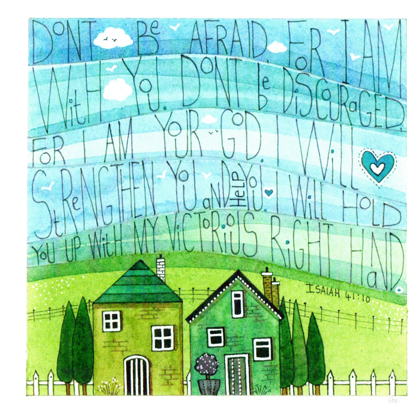 Christian Two Green Cottages Isaiah 41:10 — wholesale greeting card