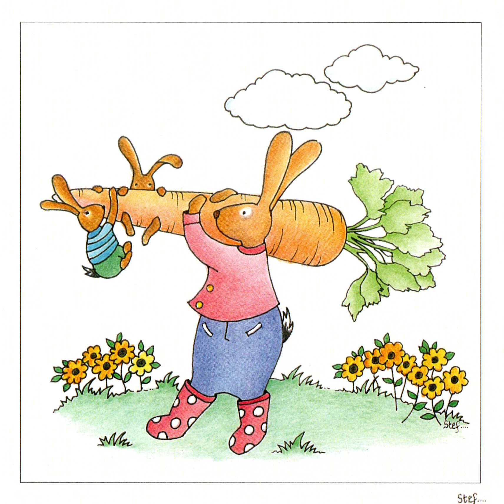 Family Of Hares Carrying A Large Carrot — wholesale greeting card