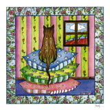 A very comfy cat on patterned cushions by the window — wholesale greeting card