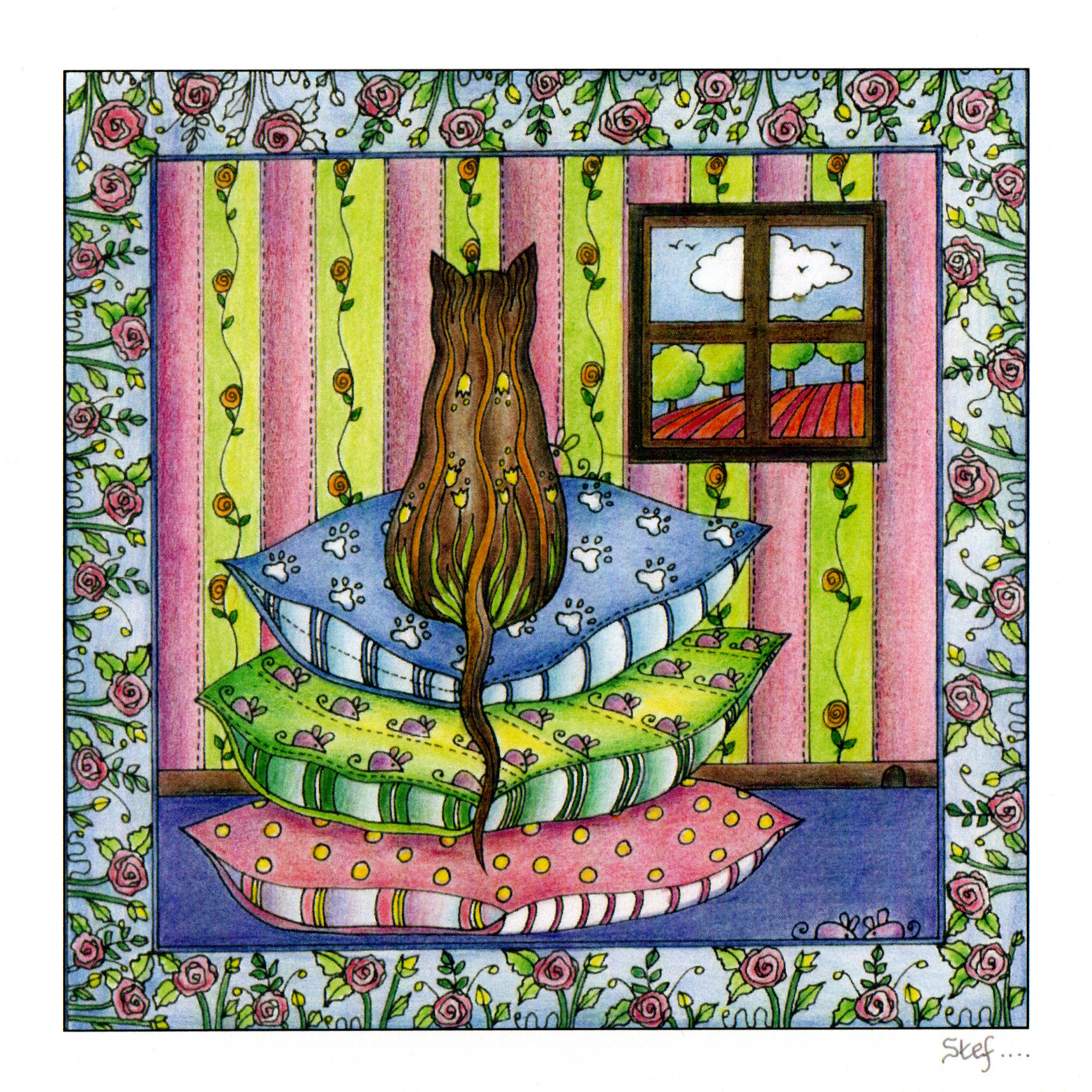 A very comfy cat on patterned cushions by the window — wholesale greeting card