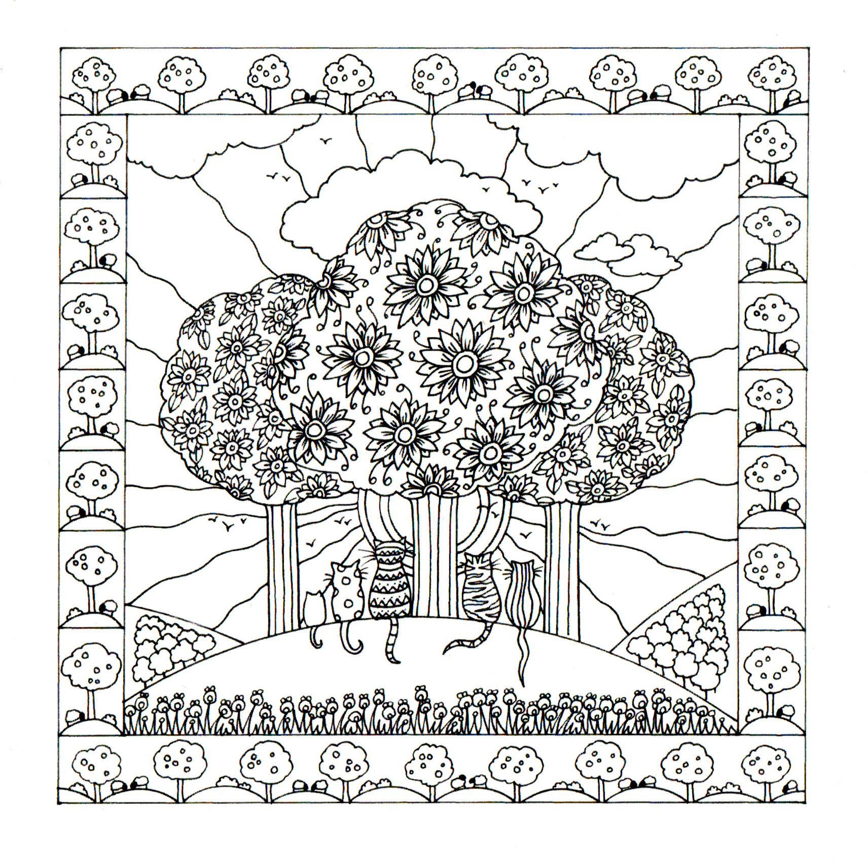 Colour Your Own Cats Five Cats Sat Under Trees — wholesale greeting card